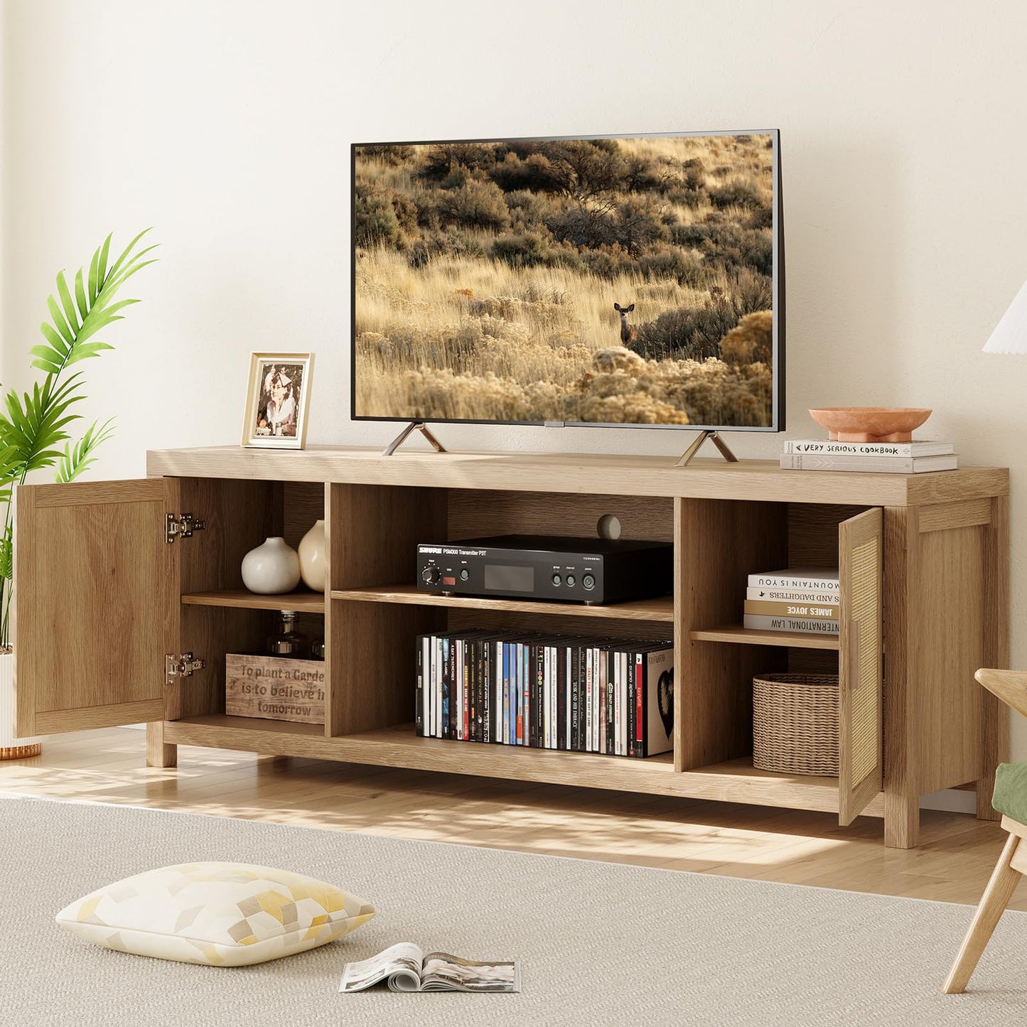 IDEALHOUSE Rattan TV Stand for 75 inch, Boho Entertainment Center with Adjustable Shelves, Natural Oak TV & Media Cabinet 2-Tier Storage for Living Room Bedroom