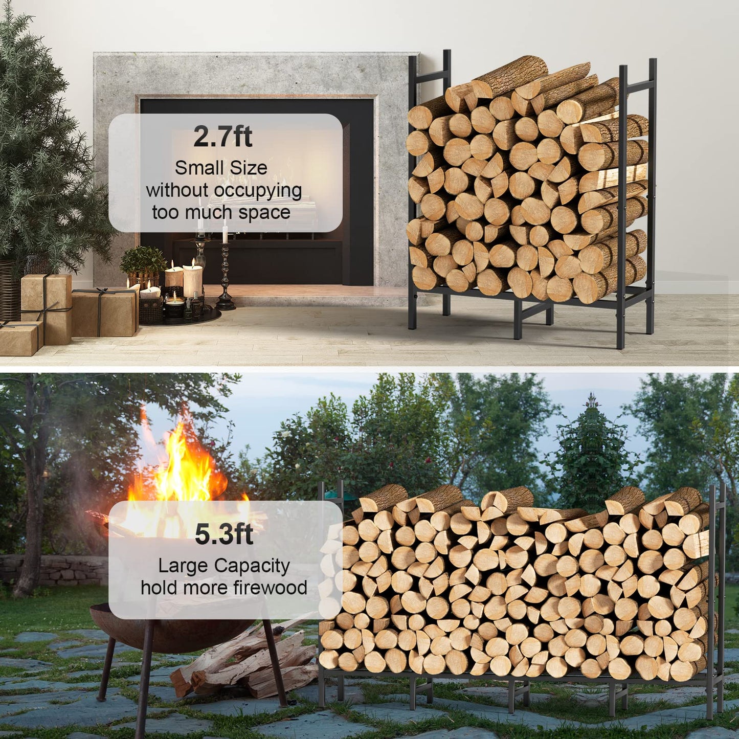 5.3ft Outdoor Indoor Firewood Rack Holder for Fireplace Wood Storage, Adjustable Fire Log Stacker Stand, Heavy Duty Logs Stand Stacker Holder for Fireplace Metal Lumber Storage Carrier Organizer