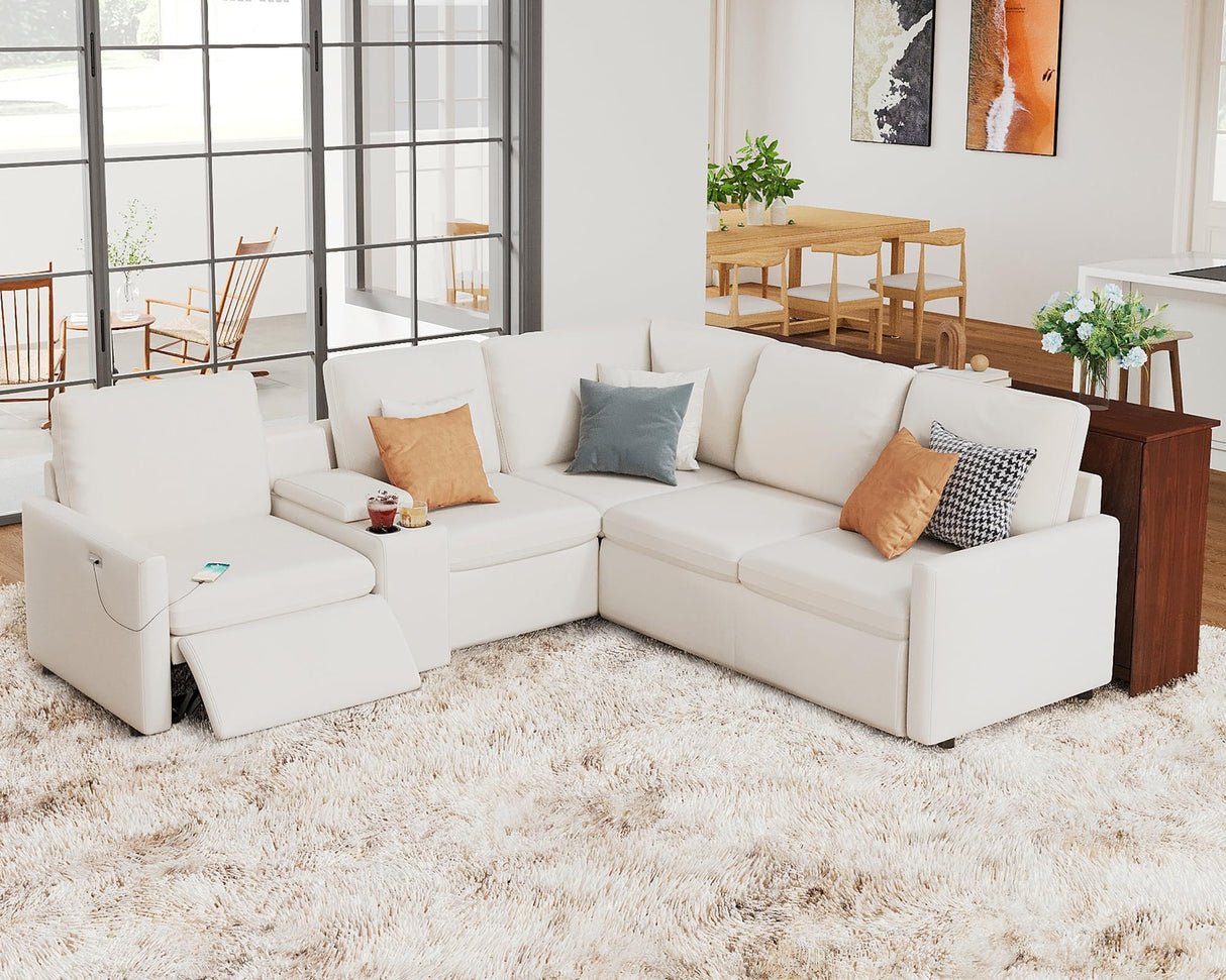 AMERLIFE Single Left Power Recliner, Reclining Sectional Couch with Console, 5 Seats L Shaped Anti-Scratch Leathaire Modular Couch with Cup Holder& USB Port, White AMERLIFE