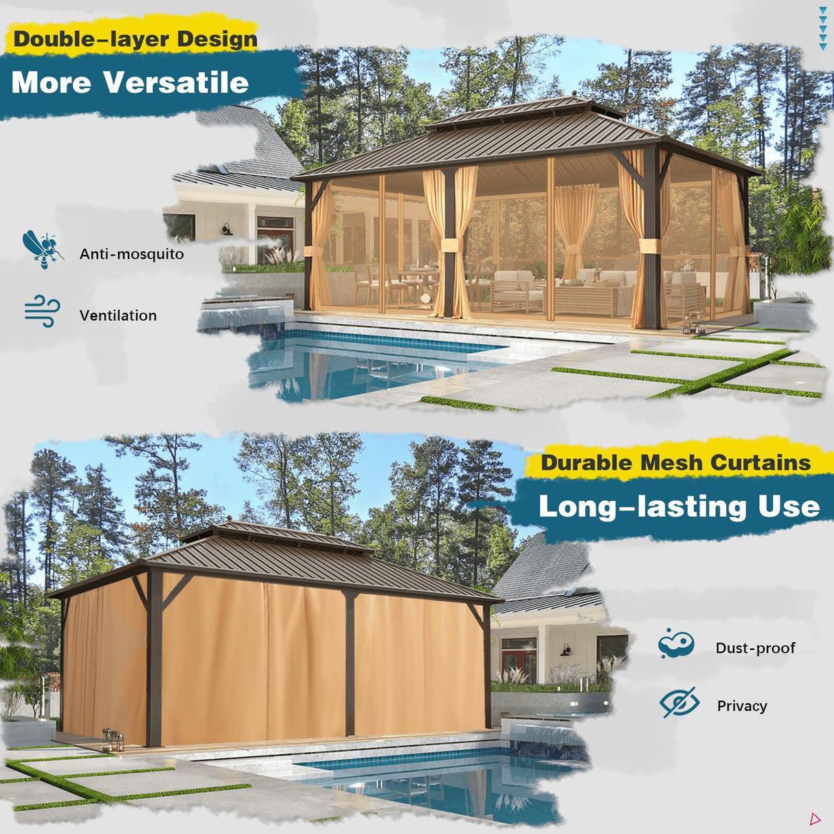 MELLCOM 12'x20' Hardtop Gazebo, Galvanized Steel Metal Double Roof Aluminum Gazebo with Curtain and Netting, Brown Permanent Pavilion Gazebo with Aluminum Frame for Patio, Lawn & Garden MELLCOM