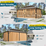 MELLCOM 12'x20' Hardtop Gazebo, Galvanized Steel Metal Double Roof Aluminum Gazebo with Curtain and Netting, Brown Permanent Pavilion Gazebo with Aluminum Frame for Patio, Lawn & Garden MELLCOM