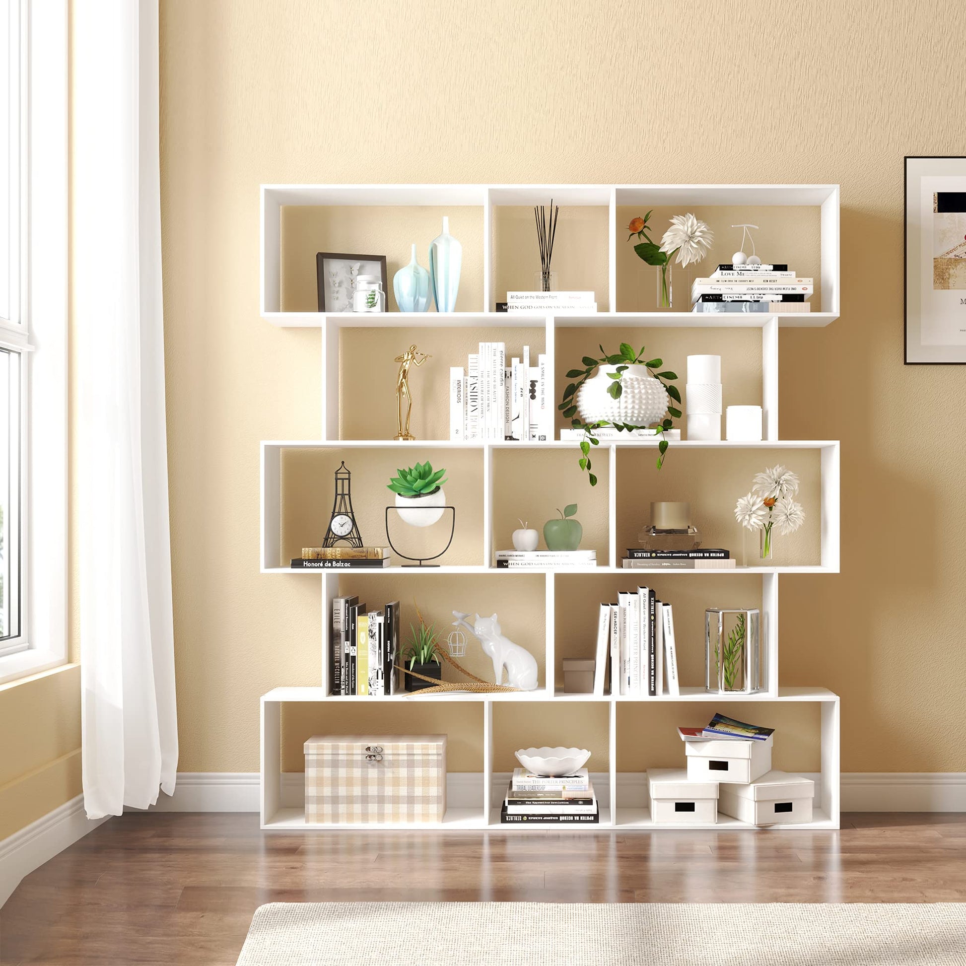 Yusong Modern 5-Tier Geometric Bookcase in White - Stylish S-Shaped Bookshelf for Home & Office - WoodArtSupply