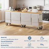 Rolling Tool Chest with Power Strip & Rubber Wood Top - 96 Inch Garage Workbench, Drawer Storage Cabinet Tool Box, Mobile Workstation SLEKVERSA