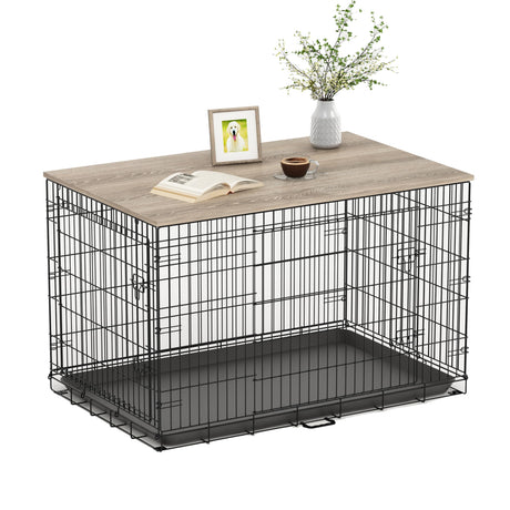 Piskyet Dog Crate Topper Wood Countertop for 48 42 36 30 24 inch Dog Cage, Dog Crate Cover,Dog Kennel Topper, 42" Grey(Crate Not Include) Piskyet