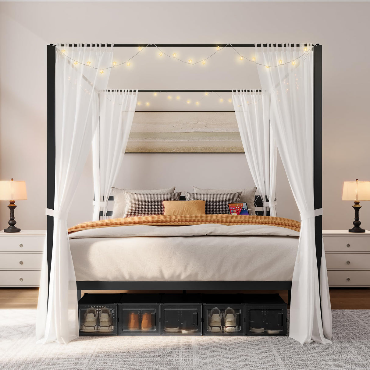 YITAHOME Canopy Bed Frame King, Four Poster Bed with Charge Station & Star-Shaped LED Light, 14 Inch Platform with Built-in Headboard Strong Metal Slat Mattress Support, No Box Spring Needed, Black YITAHOME