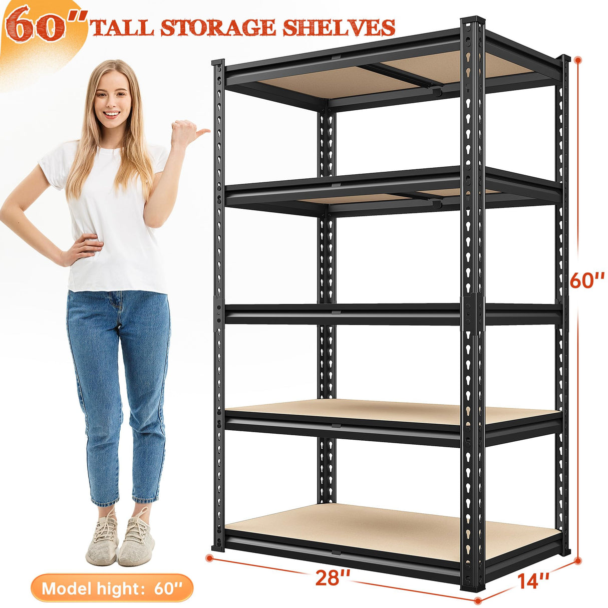REIBII Garage Shelving 2000LBS Storage Shelves Heavy Duty Shelving 5 Tier Adjustable Metal Shelves Sturdy Storage Rack for Garage Pantry Closet Kitchen Basement 60" H x 28" W x 14" D REIBII