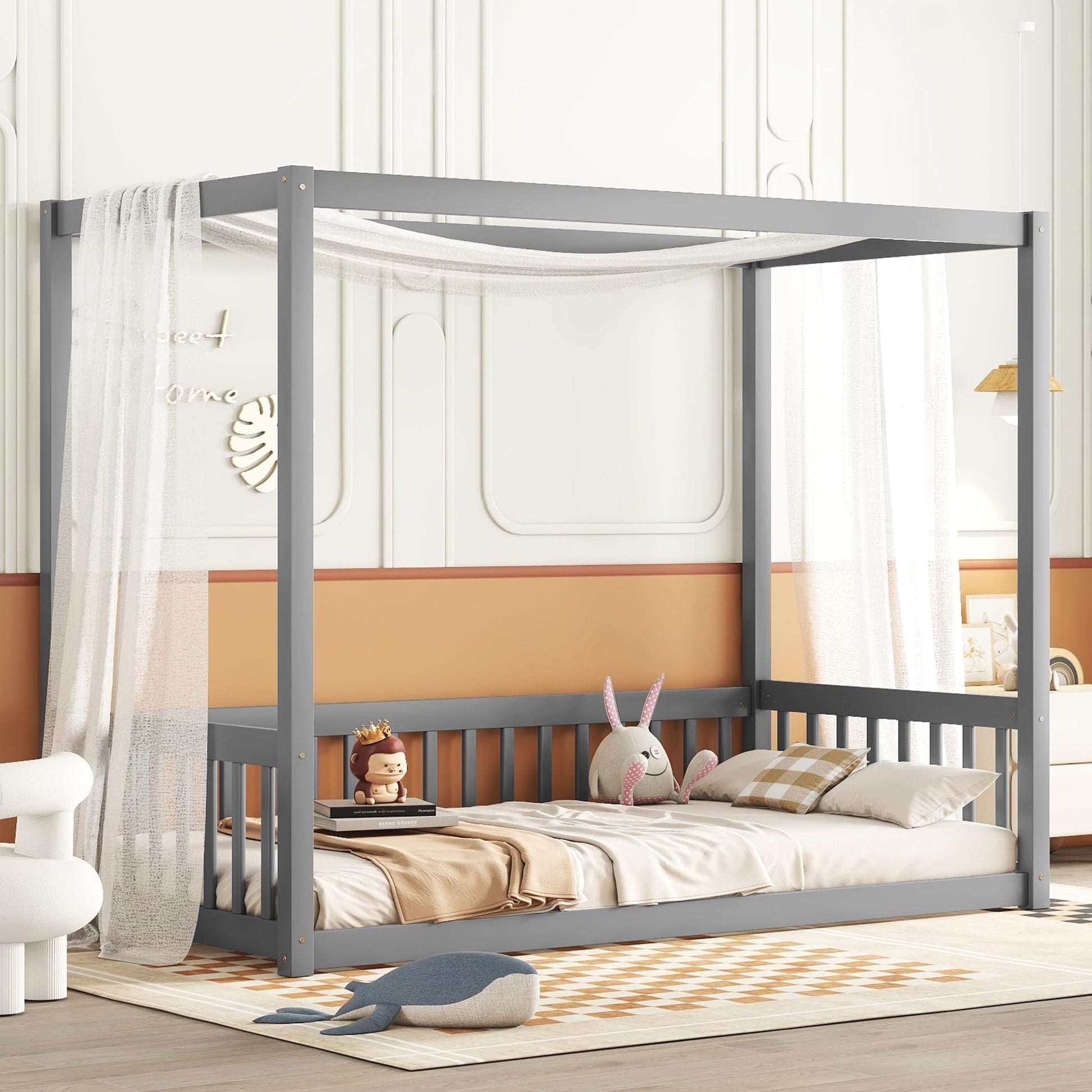 Luxo Abode Twin Size Montessori Canopy Bed Frame with Guardrails in Grey - WoodArtSupply