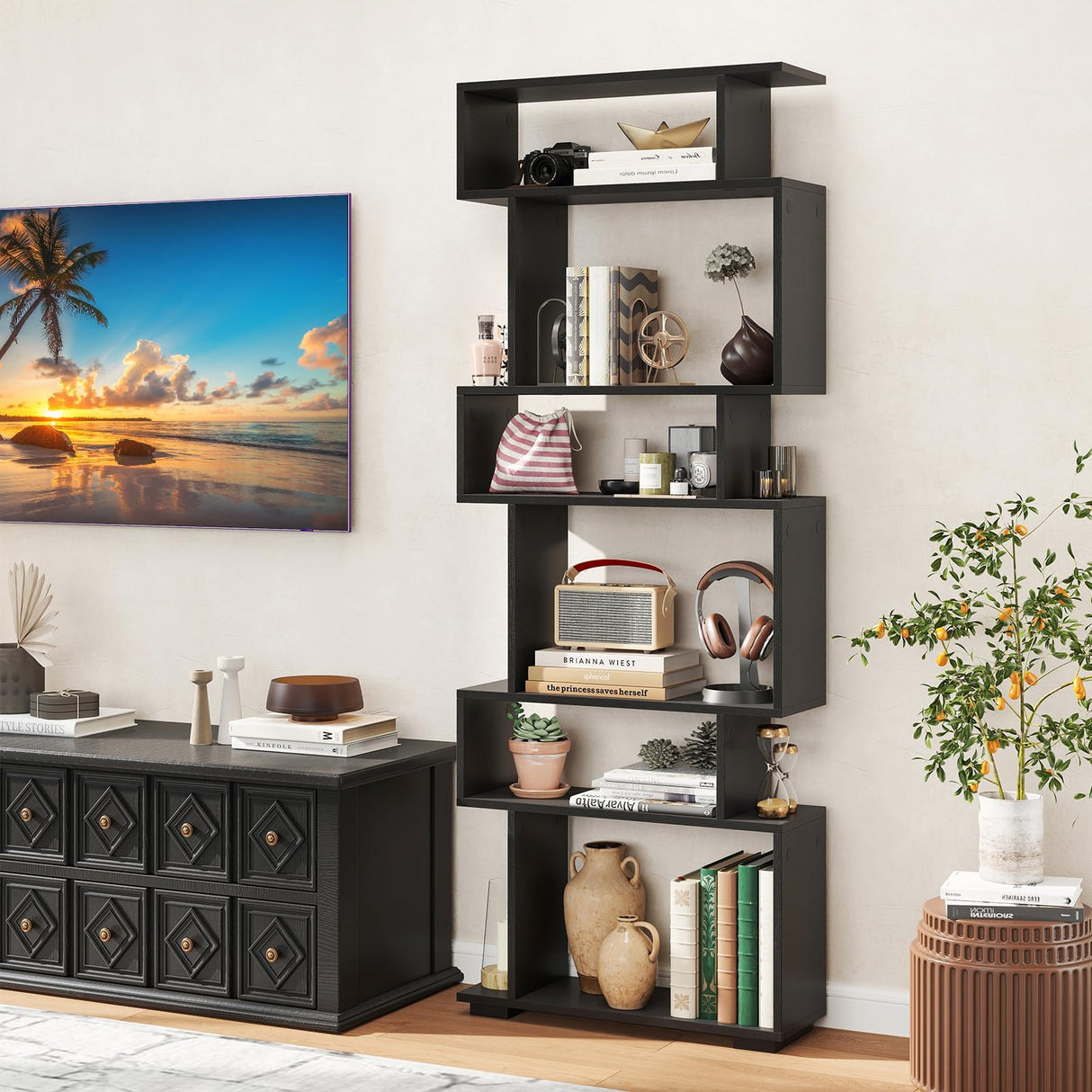 Tangkula 6-Tier S-Shaped Bookshelf, 64" Freestanding Geometric Bookcase, Home Office Wood Storage Shelf with Anti-Toppling Device, Room Divider Display Rack for Study, Living Room (1, Black) Tangkula