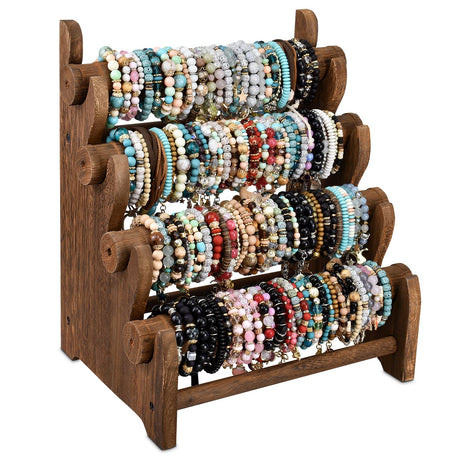 Ikee Design Antique Wooden 4 Tier Jewelry Bracelet Display Stand Bangle Scrunchie Organizer Holder for Store, Showcase and Home Storage, 12 W x 9 D x 14 H in, Brown Color Ikee Design