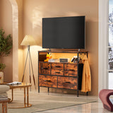 YILQQPER Dresser for Bedroom TV Stand with Power Outlets and LED Light, 6 Drawers Dresser with Side Pockets & Hooks, Wide Dresser with Shelves for 45" TV, Fabric Chest of Drawers, Rustic Brown YILQQPER