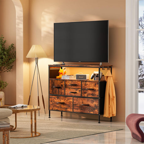 YILQQPER Dresser for Bedroom TV Stand with Power Outlets and LED Light, 6 Drawers Dresser with Side Pockets & Hooks, Wide Dresser with Shelves for 45" TV, Fabric Chest of Drawers, Rustic Brown YILQQPER