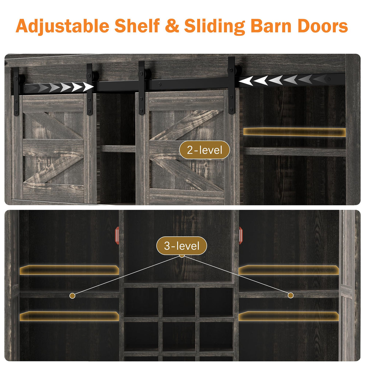 Farmhouse Coffee Bar Cabinet,72" Kitchen Hutch with Storage, Buffet Sideboard Cupboard with Adjustable Shelves, Sliding Barn Door, Wine & Glasses Rack for Kitchen, Dining Room, Dark Rustic Oak Redpick