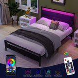 Full Size HOJINLINERO Bed Frame with Wood Headboard, LED Lights & Charging Station HOJINLINERO