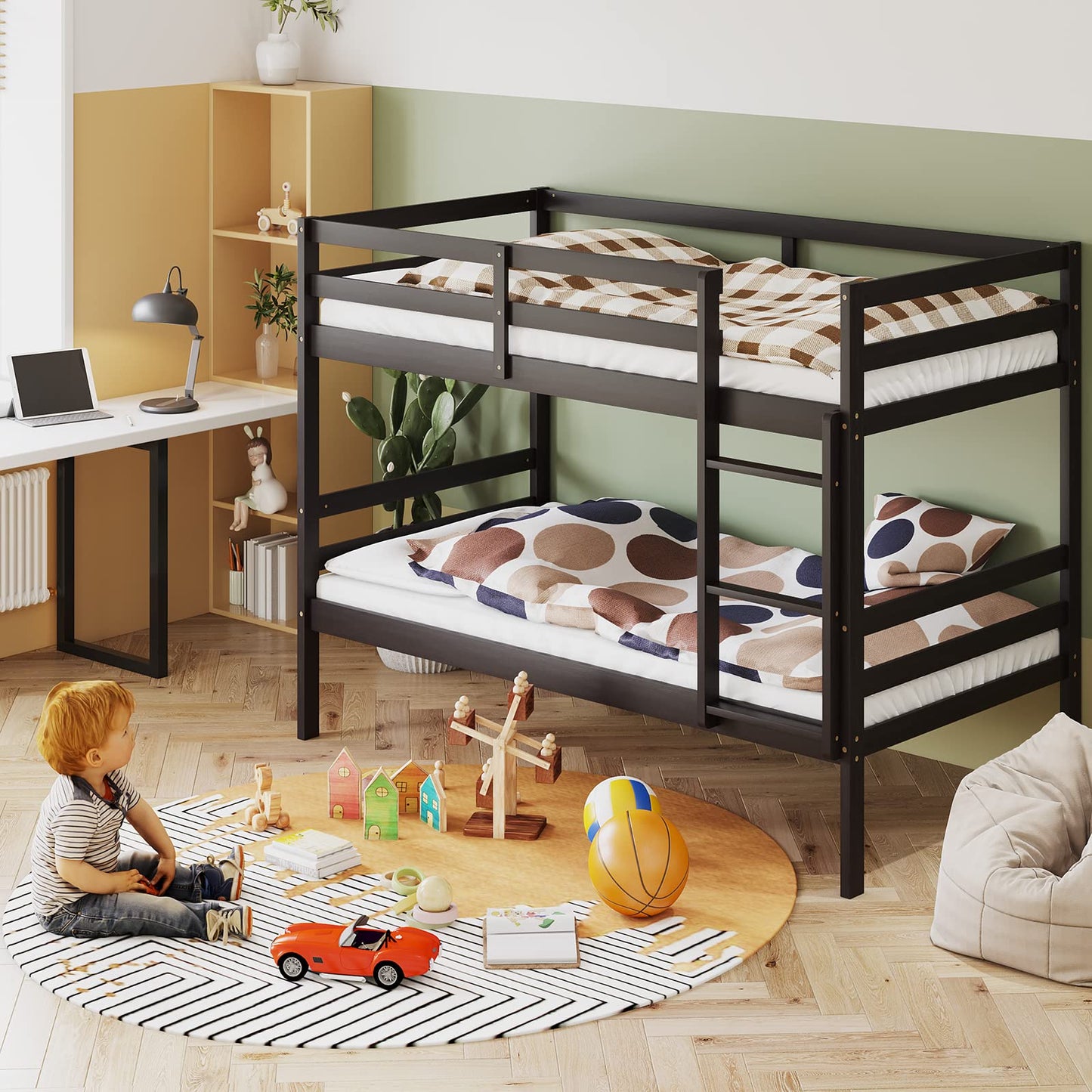 KOMFOTT Espresso Twin Over Twin Wood Bunk Bed with Ladder & Safety Guardrail - WoodArtSupply