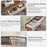 T4TREAM Farmhouse 7 Drawers Dresser Chests for Bedroom w/ 4 Solid Wood Feet & Column Decor, Tall Wide Wood Country Rustic Chest of Drawers, Storage Dressers for Bedroom, Living Room, Antique White T4TREAM