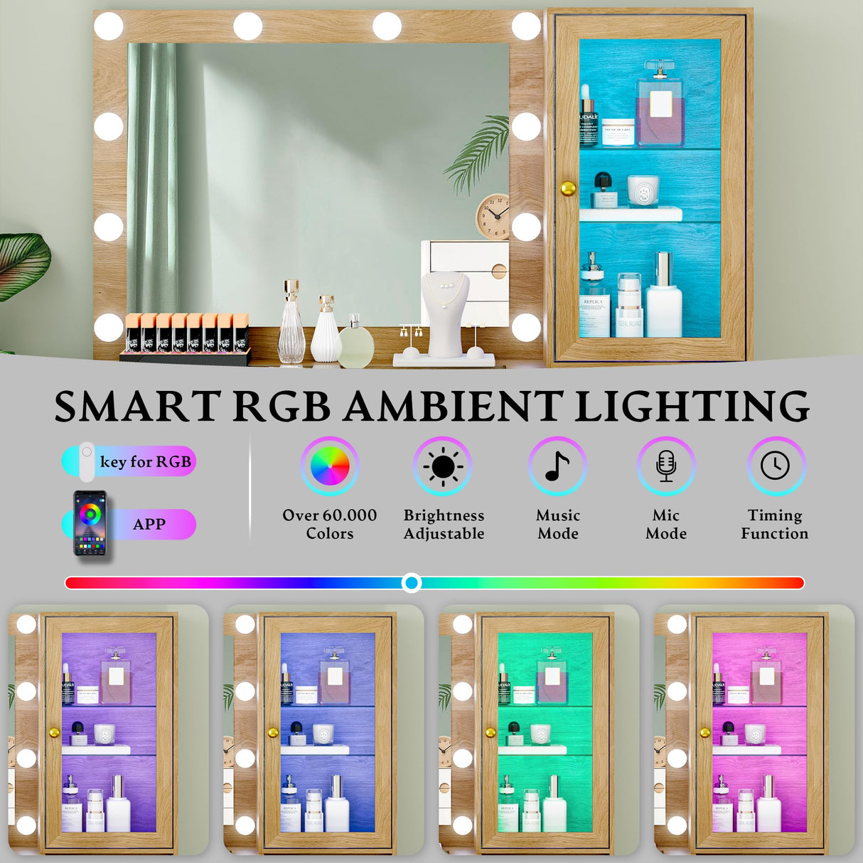 Fluted Vanity Desk with Mirror and Lights, 45" Glass Top Makeup Table Set with 5 Drawers, Power Outlet & Storage Cabinet, Large Dressing Table with RGB Ambient Light for Bedroom Women Girls, Oak Xixini