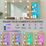 Fluted Vanity Desk with Mirror and Lights, 45" Glass Top Makeup Table Set with 5 Drawers, Power Outlet & Storage Cabinet, Large Dressing Table with RGB Ambient Light for Bedroom Women Girls, Oak Xixini