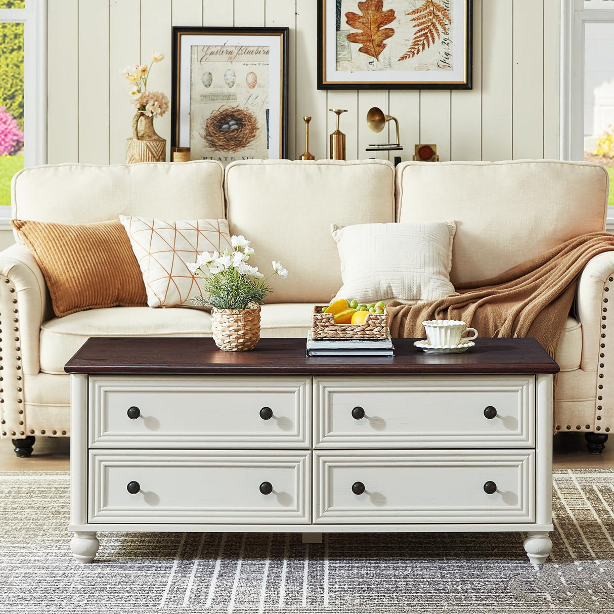 RWYHG 48" Farmhouse Coffee Table with Hidden Storage,Wooden Coffee Tables with 4 Drawers & Roman Column Handle,Rectangular Rustic Center Table with Solid Wood Curved Base for Living Room,Office,White RWYHG