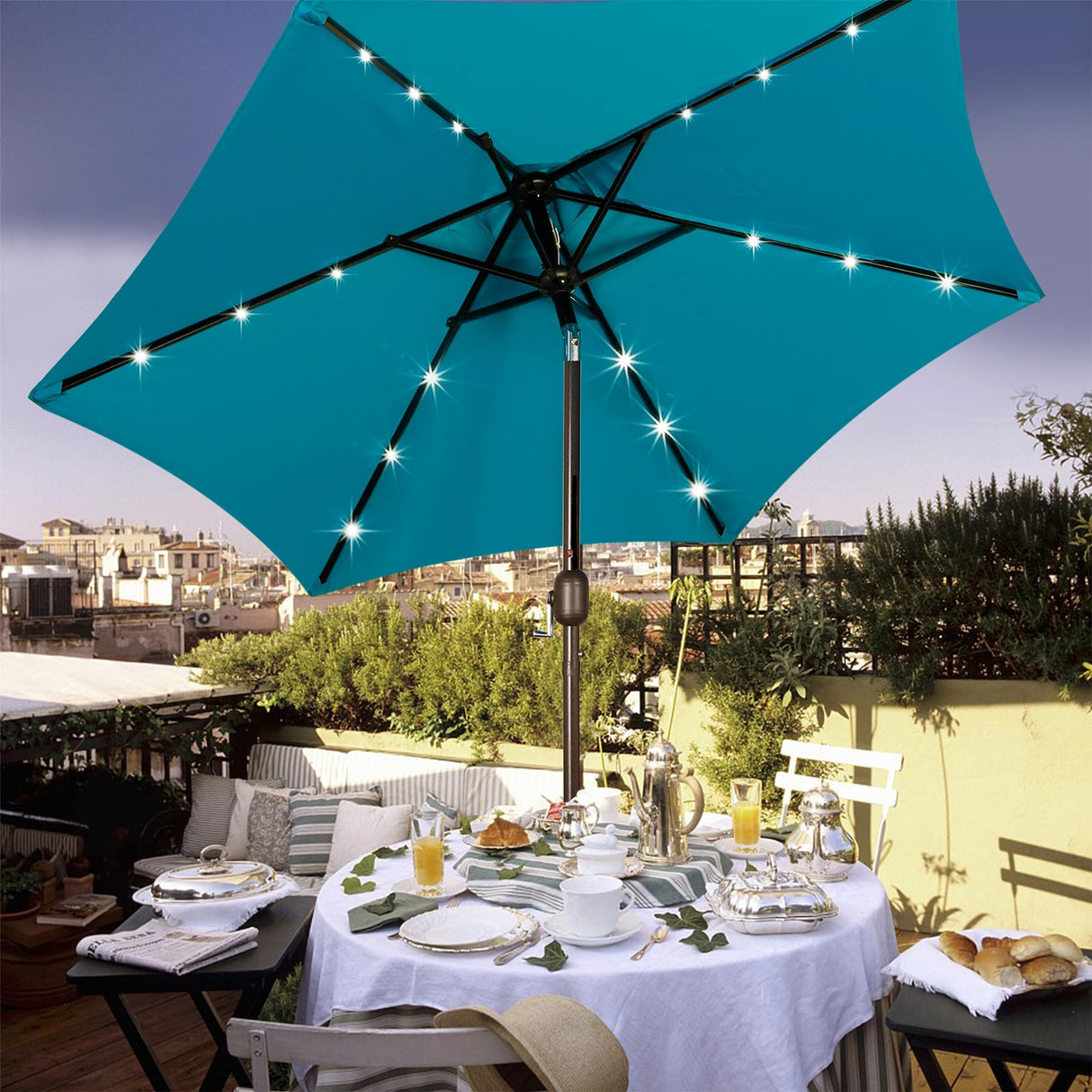 Blissun 7.5 ft Solar Umbrella 18 LED Lighted Patio Umbrella Table Market Umbrella with Tilt and Crank Outdoor Umbrella for Garden, Deck, Backyard, Pool and Beach (Cerulean) Blissun