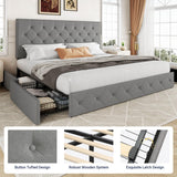 Allewie Upholstered King Size Platform Bed Frame with 4 Storage Drawers and Headboard, Diamond Stitched Button Tufted, Mattress Foundation with Wooden Slats Support, No Box Spring Needed, Light Grey Allewie
