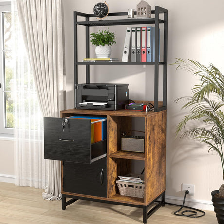 Homieasy Vertical Filing Cabinet with Bookshelf for Home Office, File Cabinet with Shelves, Lock & Charging Station, Drawer Office File Cabinets with Printer Stand, fits Letter Size, Rustic Brown Homieasy