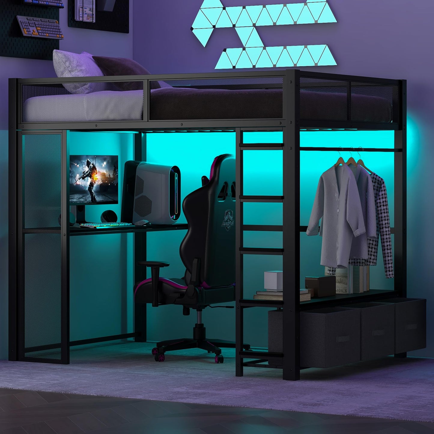 Ziraukon Full Size Loft Bed with Desk and LED, Metal Gaming Bed with Open Wardrobe and Storage Drawers, Mid Loft Bed Frame, No Box Spring Needed, Black