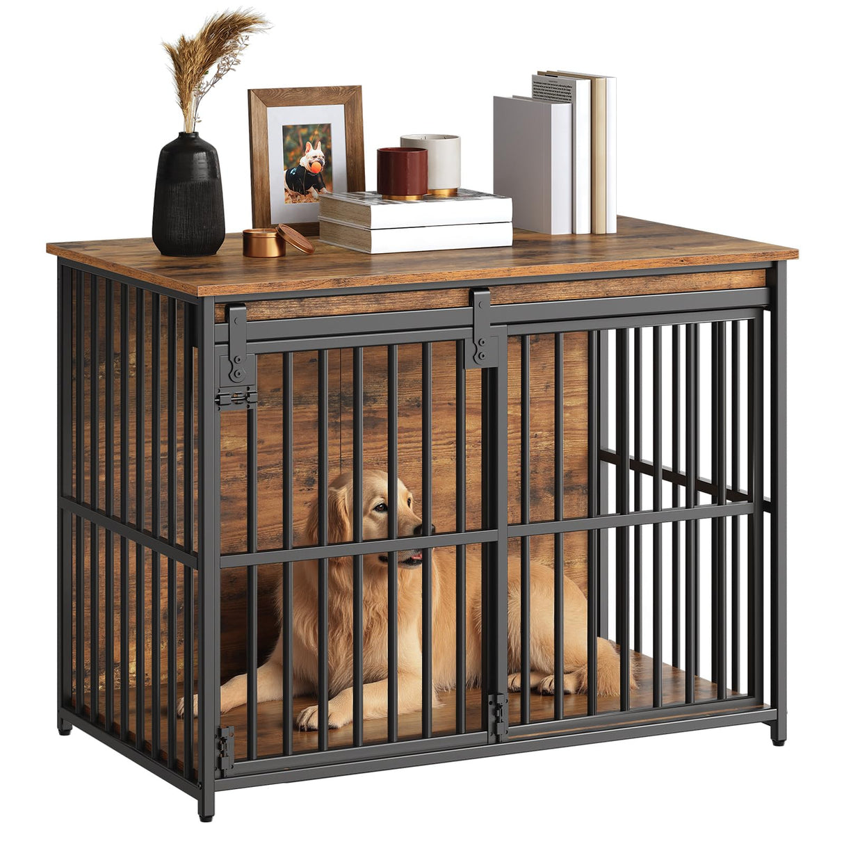 HOOBRO Dog Crate Furniture, 36.6" Heavy Duty Dog Kennel with Sliding Barn Door, Wooden Dog Cage Indoor, Decorative Side End Table for Small/Medium Dogs, Rustic Brown and Black FG162GW03G1 HOOBRO