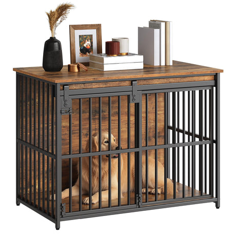 HOOBRO Dog Crate Furniture, 36.6" Heavy Duty Dog Kennel with Sliding Barn Door, Wooden Dog Cage Indoor, Decorative Side End Table for Small/Medium Dogs, Rustic Brown and Black FG162GW03G1 HOOBRO