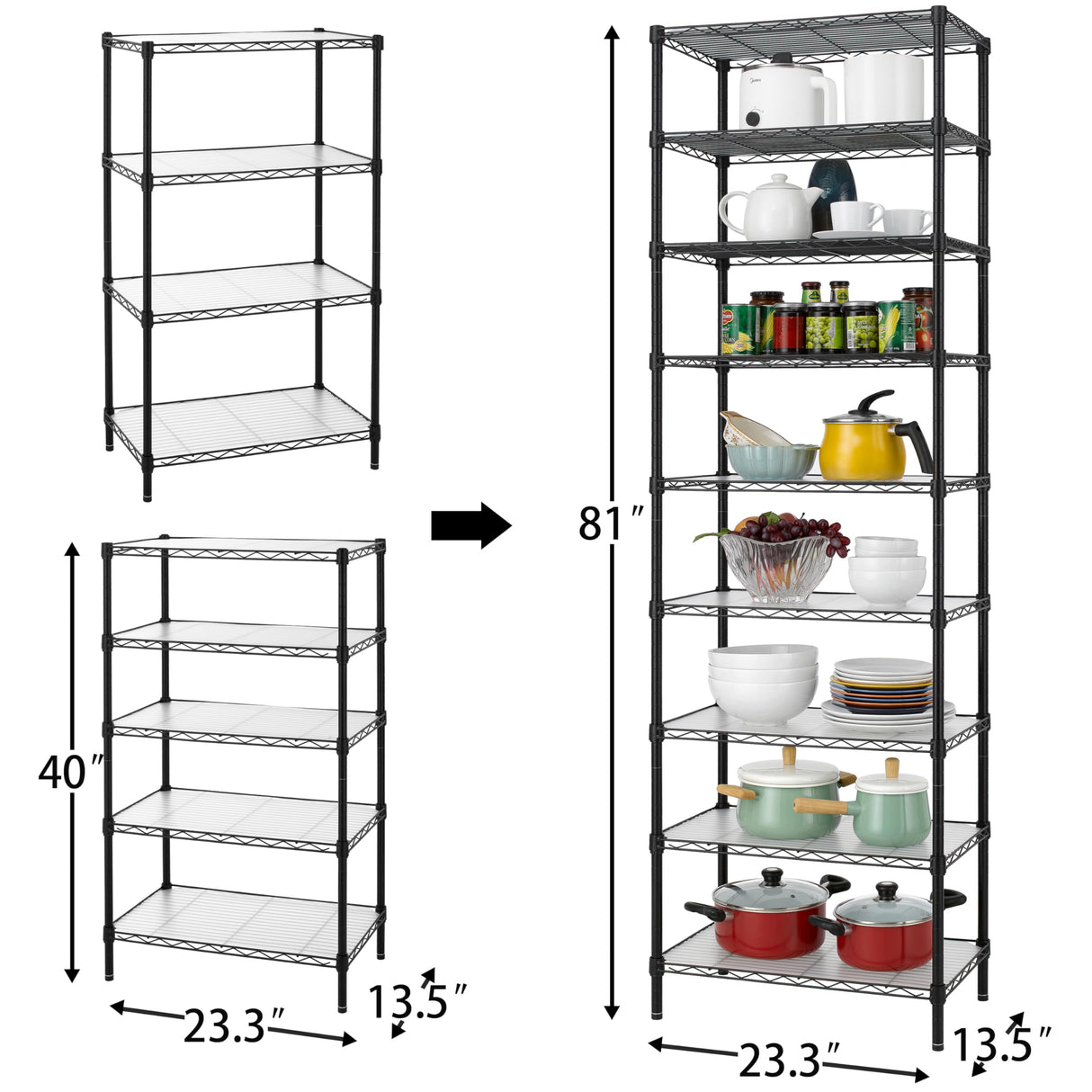 Finnhomy 9-Tier Wire Shelving Unit Adjustable Steel Wire Rack Shelving, 81 Inches Height 9 Shelves Metal Storage Rack, Pantry Shelves for Storage with PE mat, NSF Certified, Black Finnhomy