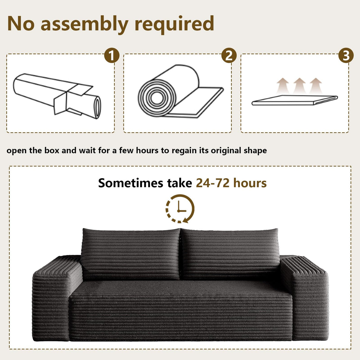 63" Boneless Loveseat Sofa - Cloud Couch with Memory Foam, Comfy Deep Seat - Corduroy Floor Sofa, No Assembly Required - Small Space Friendly for Living Room, Bedroom, Apartment, Black Sgapork