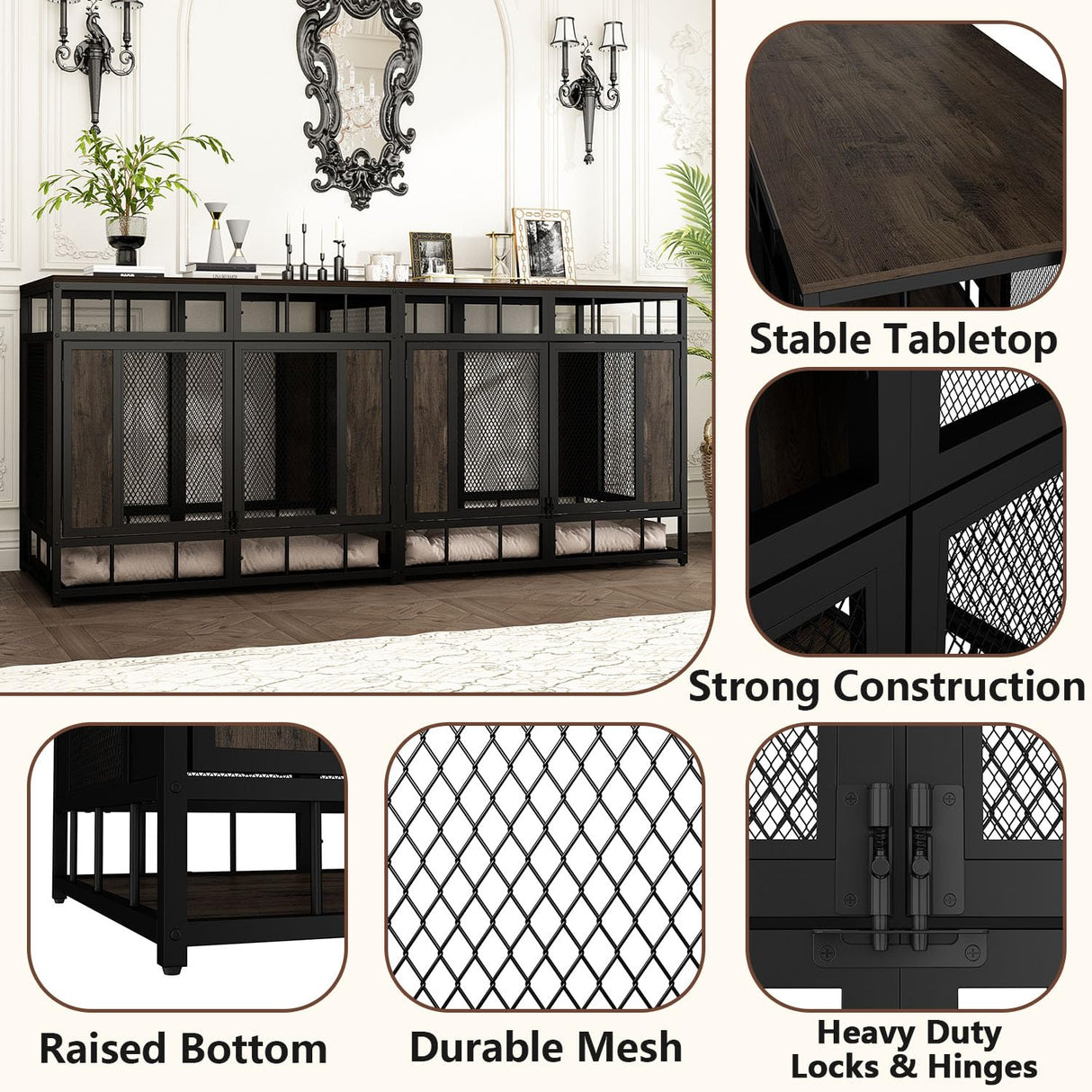 DAWNSPACES Furniture Dog Crate, 71" Heavy Duty Wood Dog Cage Kennel House Furniture with a Removable Divider, Indoor Dog Crate Table TV Stand with Double Doors for Large Medium Breed Dogs, Brown DAWNSPACES