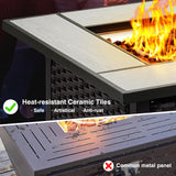 ovios Outdoor Furniture Set 9 Pieces Rocking Swivel Chairs High Back Wicker Rattan Sofa Couch with Square Propane Fire Pit Table, Patio Furniture Set, Brown Wicker, Orange Red ovios