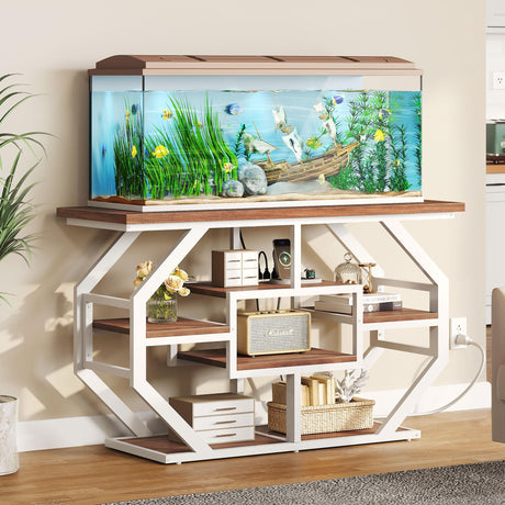 YITAHOME Heavy Duty 55-75 Gallon Fish Tank Stand with Power Outlet, Marble Aquarium Stand for Fish, Turtle, Reptile Terrarium, Shelves for Fish Tank Accessories Storage, 860LBS Capacity, White & Walnut YITAHOME