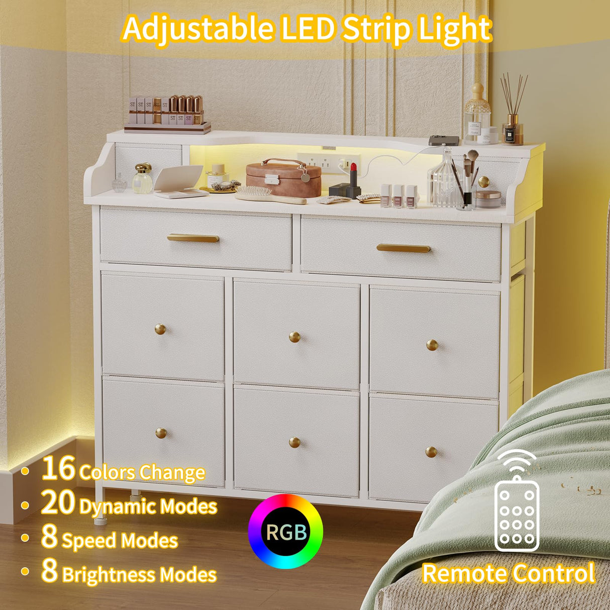 Fixwal White Dresser for Bedroom with LED Lights and Charging Station, 40-inch LED TV Stand with 10 Fabric Drawers Bedroom Dresser for Girls, Kids Fixwal