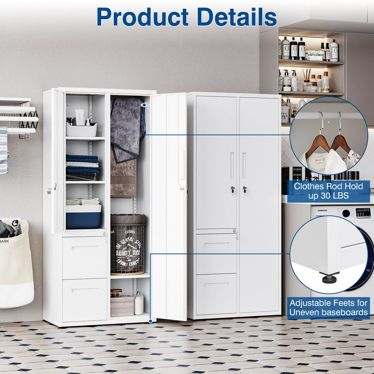 PEUKC Metal Storage Cabinets with Locking Doors, 67" Freestanding Clothing Coat Storage Wardrobe Lockers for Office, Home, School, Garage, Gym (White) PEUKC