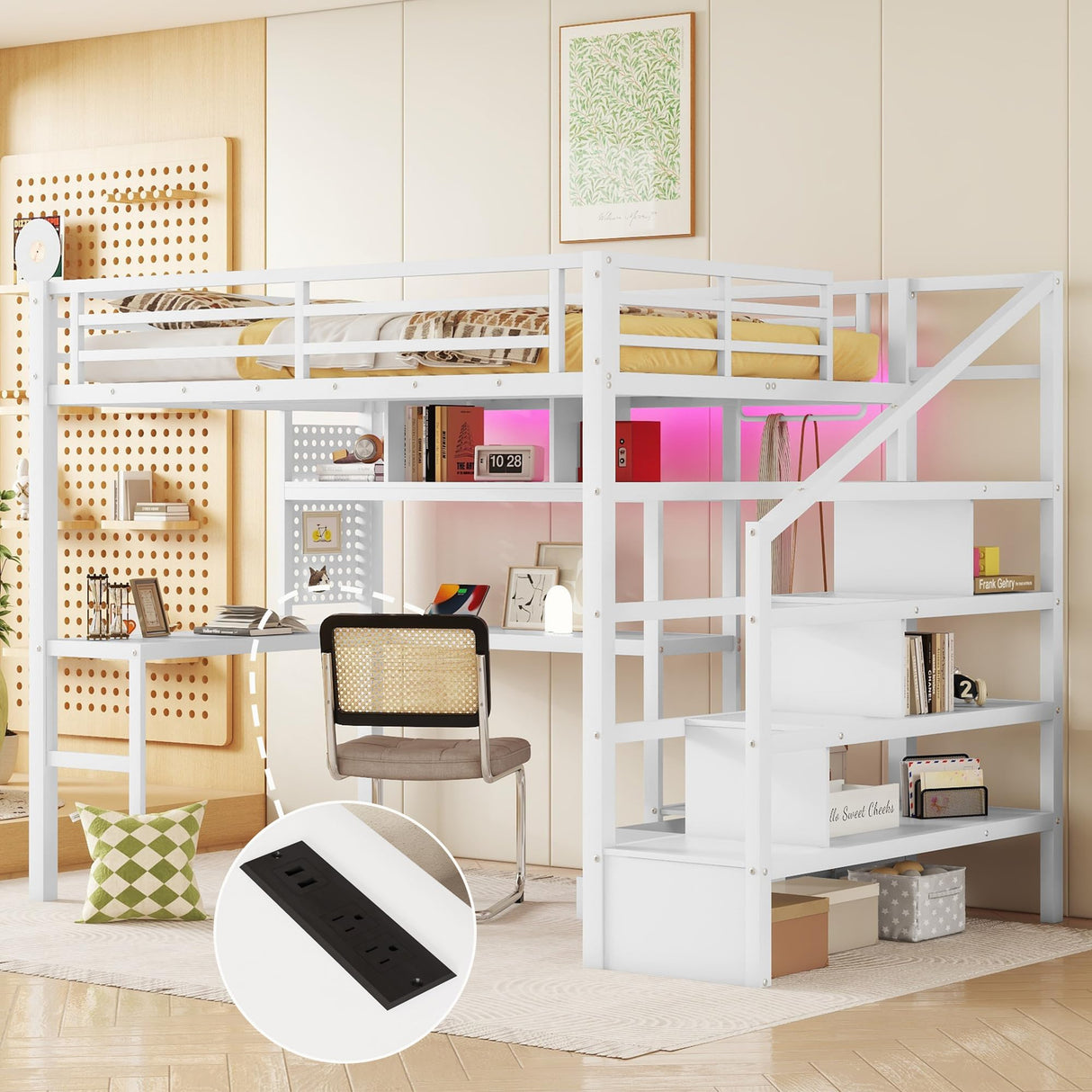 MoproBeti Full Size Loft Bed with Desk and Stairs,Metal Gaming Loft Bed with LED,Charging Station, High Loft Bed Full with Storage Shelves,Wardrobe and Drawers for Kids Teens, Adults, White MoproBeti