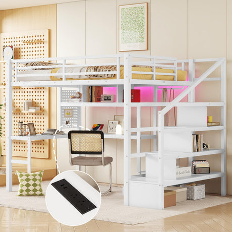 MoproBeti Full Size Loft Bed with Desk and Stairs,Metal Gaming Loft Bed with LED,Charging Station, High Loft Bed Full with Storage Shelves,Wardrobe and Drawers for Kids Teens, Adults, White MoproBeti