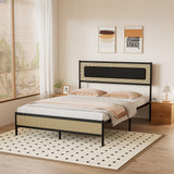 RESLLOWE Rattan Style Bed Frame Full Size Metal Platform Frame with Soft Leather Sponge Wrapping Headboard, Solid and Stable, Noise Free, Suitable for Bedroom RESLLOWE