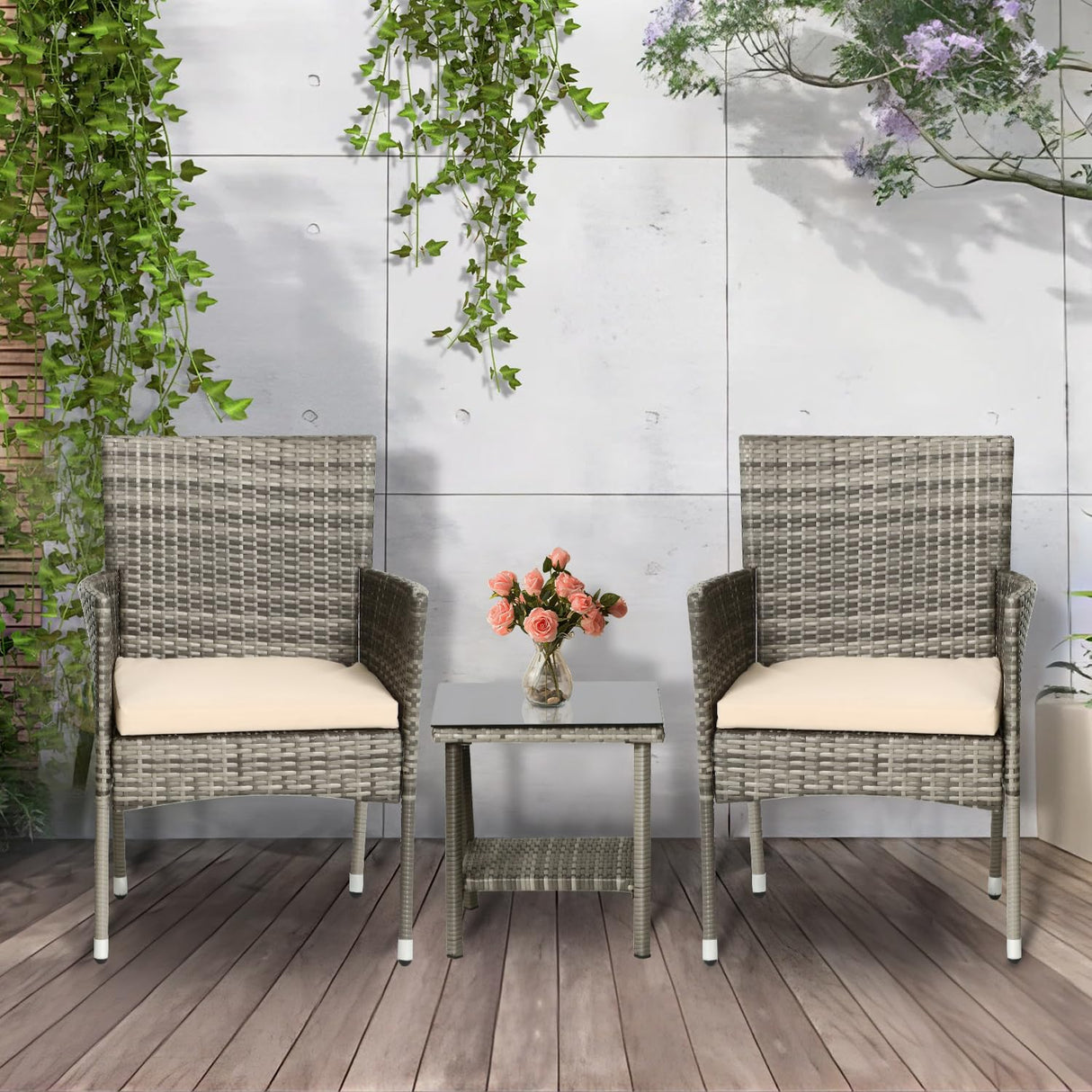 PayLessHere Set of 3 Outdoor Furniture Set Patio Furniture Set Gray Conversation Set with 2 Rattan Chairs Glass Coffee Table for Coffee Bar Poolside Patio Outdoor, Khaki Cushions PayLessHere