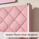 Queen Size Bed Frame with Diamond Headboard, Pink Bed Frame Queen, Upholstered Platform Bed Frame Faux Leather, Adjustable Crystal Button Tufted Headboard, Wood Slat Support, Easy Assembly, Pink HOMBCK