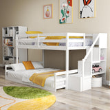 KOMFOTT Wood Twin Over Full Low Bunk Bed with Storage Staircase, Wooden Bunk Bed Frame with Full-Length Guardrails, Low Profile Bunk Bed with Slats Support, No Box Spring Needed (White) KOMFOTT