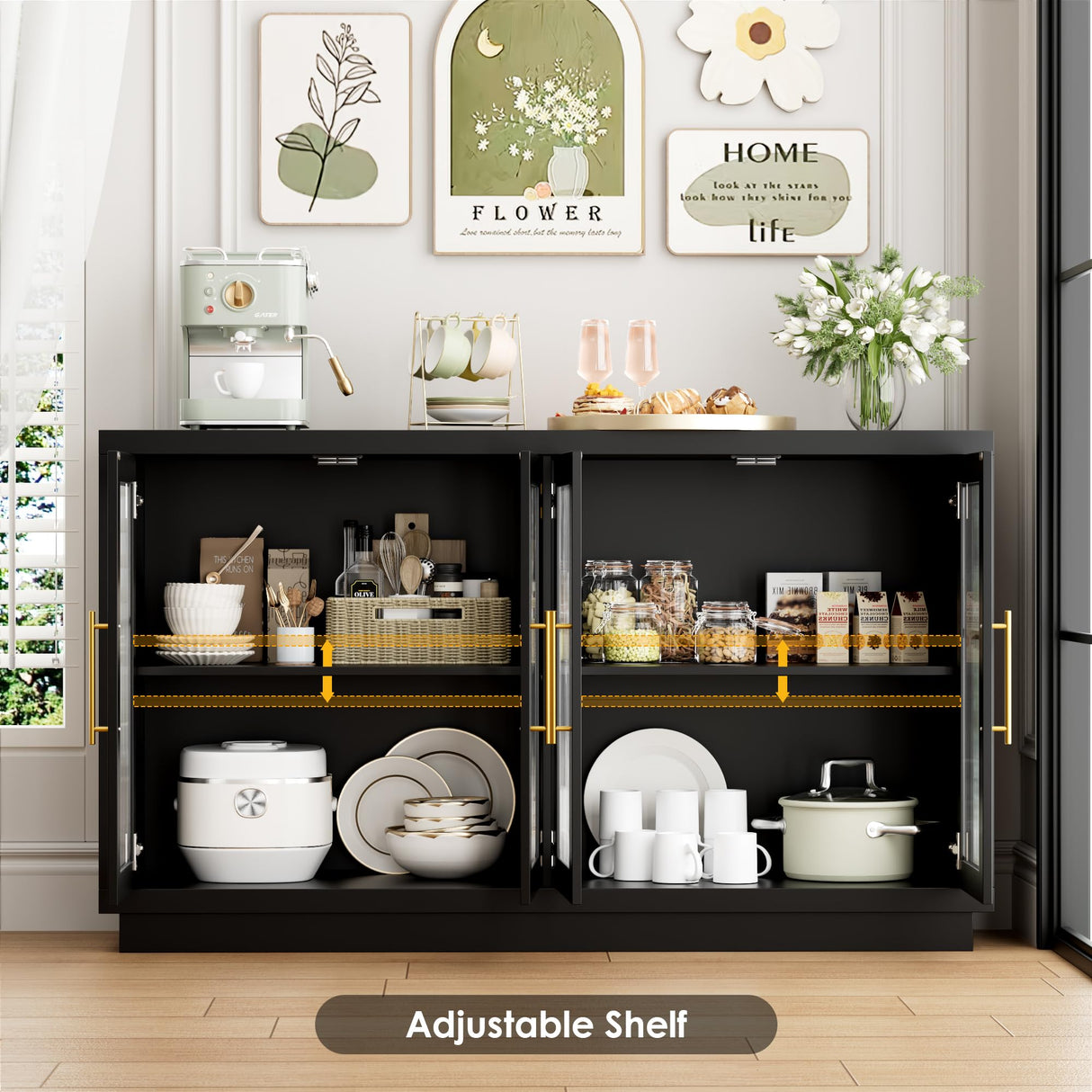 FOTOSOK Buffet Cabinet with Storage, 55.1" Large Sideboard Buffet Cabinet, Modern Sideboard Kitchen Cabinet with 4 Fluted Glass Doors, Wood Coffee Bar Cabinet Buffet Table for Kitchen, Black FOTOSOK