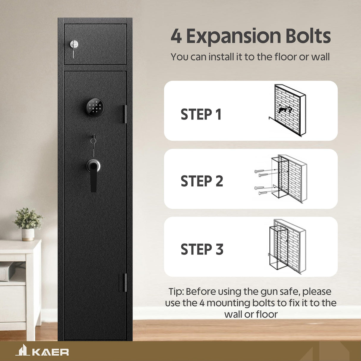 KAER 5 Gun Safe, Quick Access Gun Safe for Rifles and Pistols, Home Gun Rifle Safe with Separate Lock Box, Heavy Duty Large Gun Locker Cabinet with Hooks and Gun Rack for Shotguns, Assembled KAER