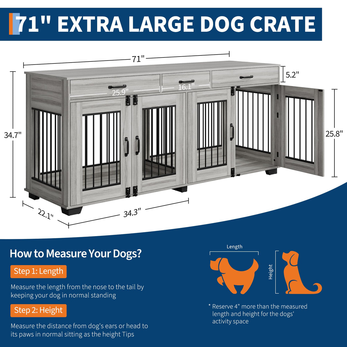 Garvee 71" Double Dog Crate Furniture, Heavy Duty Dog Kennel Indoor with 3 Storage Drawers & Divider, Decorative Side Table Pet Cage for Small & Medium Breeds, Grey Oak Garvee