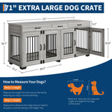 GarveeLife 71 Inch Dog Crate Furniture for 2 Rooms, Wooden Double Crate Large Breed with Door, Dog Kennel Indoor, TV Stand End Table with Divider for Large Medium Dogs,Grey GarveeLife