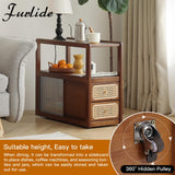 Furlide Rattan Side Table with Storage, Bamboo Nightstand Bedside Table, Glass Mid Century Modern End Tables for Small Spaces, Living Room, Bedroom，Walnut Furlide