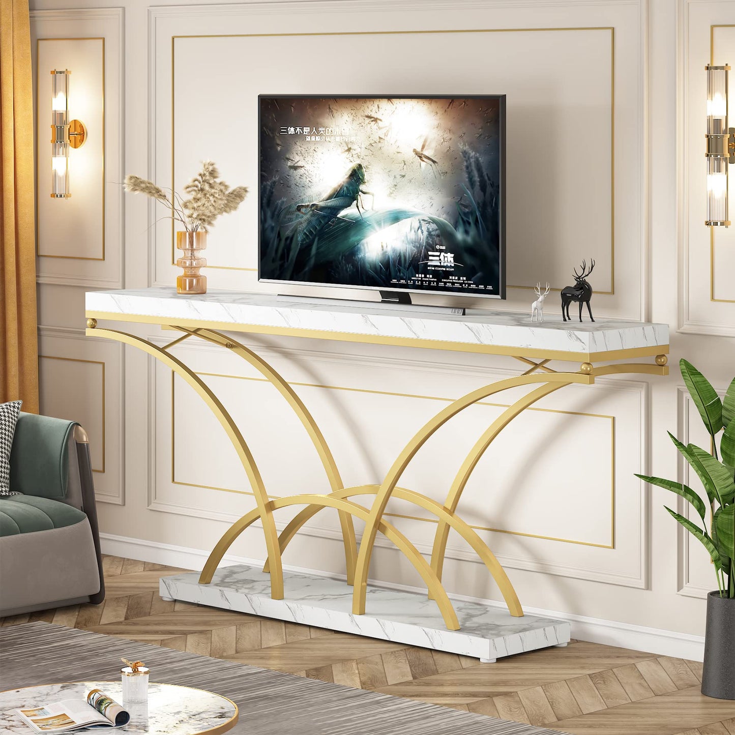 Tribesigns 70.9 Inch Long Console Table for Entryway,Gold Sofa Table with White Faux Marble Tabletop,Mid Century Accent Table with Half-Moon Shape Legs - WoodArtSupply