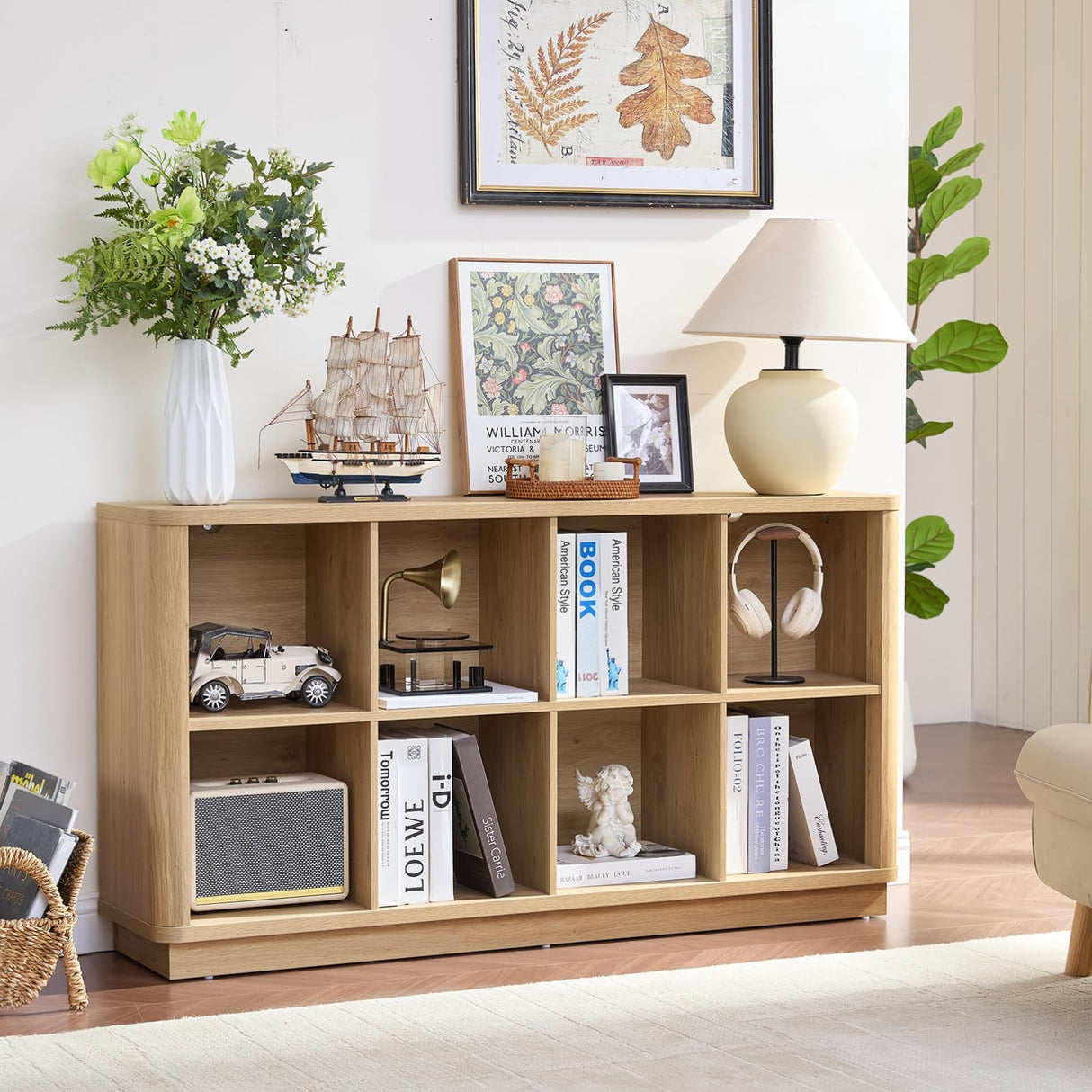 Joaxswe 8 Cube Storage Book Shelf, 52" Long Horizontal Bookshelf with Curved Edge, Floor Standing Wooden Cubby Bookcase with Base, Modern Low Console Book Case, TV Stand for Living Room, Natural Oak Joaxswe