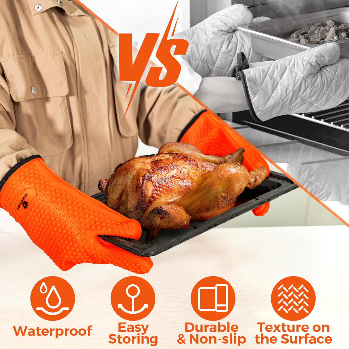 Heat-Resistant BBQ Gloves – Non-Slip Silicone Grip, Waterproof, Perfect for Grilling, Baking, & Smoking – High Heat Protection up to 500°F HASHIMARK
