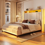 Fameill King Size LED Bed Frame with 51.6" Tall Headboard, Upholstered Platform Bed with Charging Station & Storage, No Box Spring Needed, Easy Assembly, Sturdy and Noise-Free, Beige Fameill